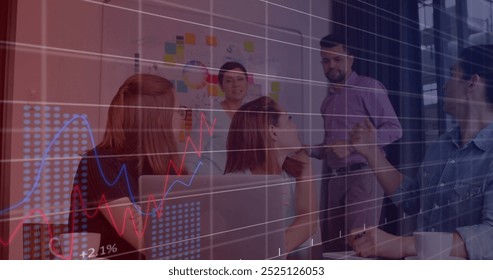 Image of data processing and diagrams over diverse business people discussing work. Business, technology and digital interface concept digitally generated image.