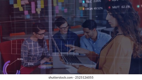 Image of data processing and diagrams over diverse business people discussing work. Business, technology and digital interface concept digitally generated image.
