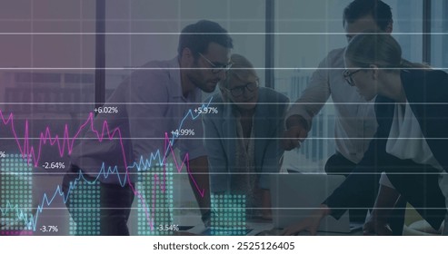 Image of data processing and diagrams over diverse business people discussing work. Business, technology and digital interface concept digitally generated image.