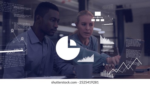 Image of data processing and diagrams over diverse colleagues discussing work. Global business and digital interface concept digitally generated image.