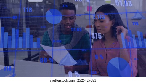 Image of data processing and diagrams over diverse colleagues discussing work. Global business and digital interface concept digitally generated image.