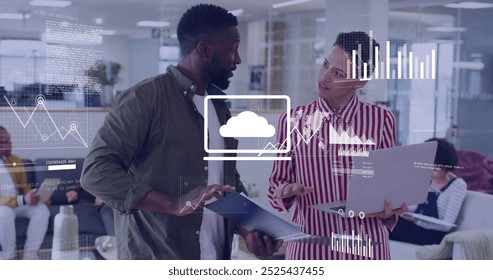 Image of data processing and diagrams over diverse colleagues discussing work. Global business and digital interface concept digitally generated image.
