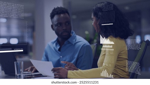 Image of data processing and diagrams over diverse colleagues discussing work. Global business and digital interface concept digitally generated image.