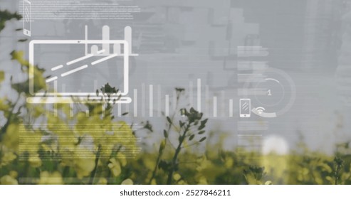 Image of data processing and diagrams over flower field. Global business and ecology concept, digitally generated image.