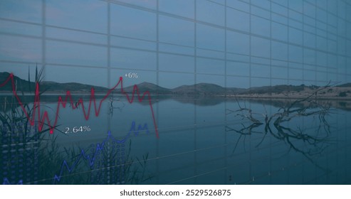 Image of data processing and diagrams over landscape. Global business, nature and digital interface concept, digitally generated image.