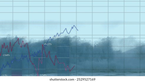 Image of data processing and diagrams over sea waves. Global business, nature and digital interface concept, digitally generated image.