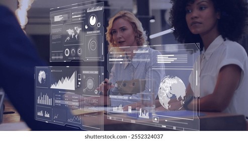 Image of data processing and diagrams over diverse colleagues talking. Technology, business and digital interface concept digitally generated image. - Powered by Shutterstock - Get 15% off with code: PIKWIZARD15