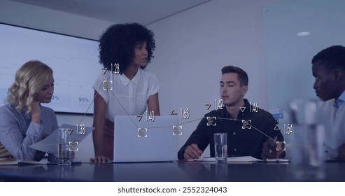 Image of data processing and diagrams over diverse colleagues talking. Technology, business and digital interface concept digitally generated image.