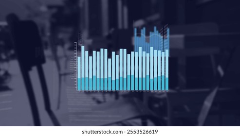 Image of data processing and diagrams over office. Global business and digital interface concept digitally generated image.