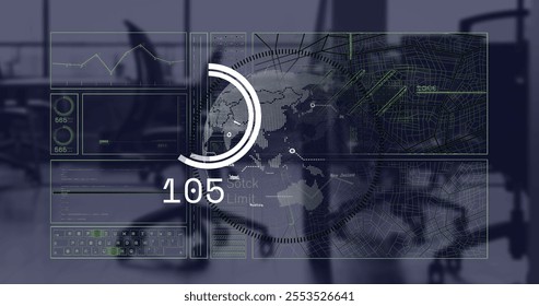 Image of data processing and diagrams over office. Global business and digital interface concept digitally generated image.