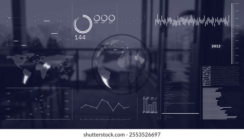 Image of data processing and diagrams over globe and office. Global business and digital interface concept digitally generated image.