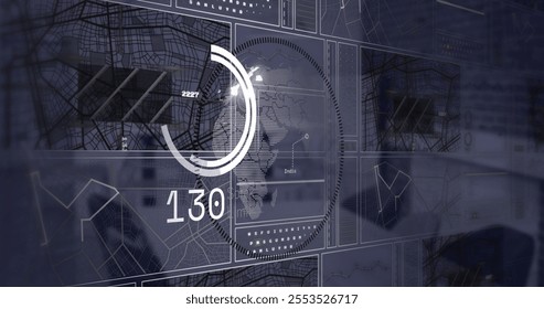 Image of data processing and diagrams over globe and office. Global business and digital interface concept digitally generated image.