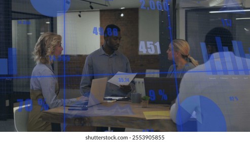 Image of data processing and diagrams over diverse colleagues discussing work. Business, technology and digital interface concept digitally generated image.