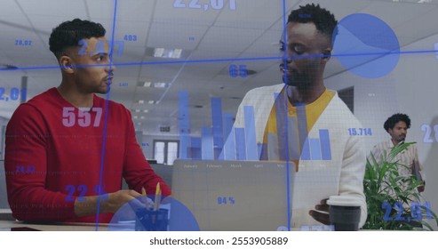 Image of data processing and diagrams over diverse male colleagues discussing work. Business, technology and digital interface concept digitally generated image.