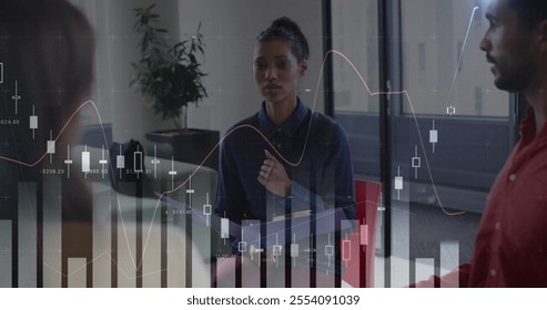 Image of data processing and diagrams over diverse colleagues talking in office. Business, technology and digital interface concept digitally generated image.