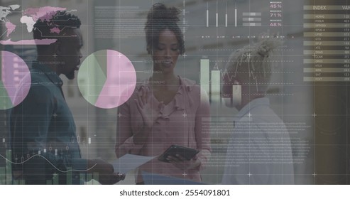Image of data processing and diagrams over diverse colleagues talking in office. Business, technology and digital interface concept digitally generated image.