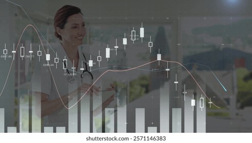 Image of data processing and diagrams over caucasian female doctor using tablet. Global medicine, technology and digital interface concept digitally generated image.