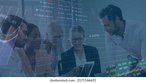 Image of data processing and diagrams over diverse business people discussing work. Global business, teamwork and digital interface concept digitally generated image.