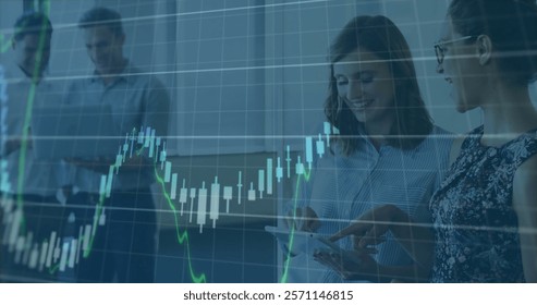 Image of data processing and diagrams over diverse business people discussing work. Global business, teamwork and digital interface concept digitally generated image.