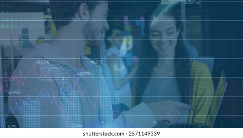 Image of data processing and diagrams over diverse business people discussing work. Global business, teamwork and digital interface concept digitally generated image.