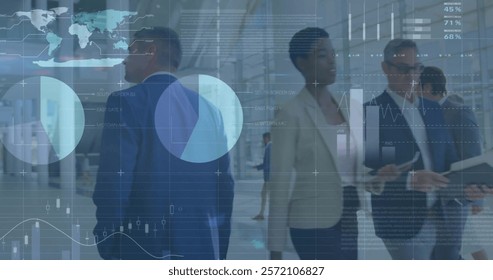 Image of data processing and diagrams over diverse business people walking. Technology and digital interface concept digitally generated image.