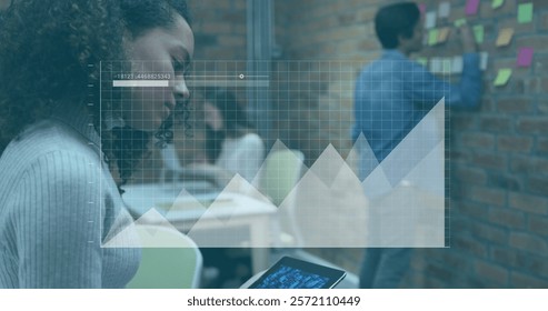Image of data processing and diagrams over diverse business people discussing work. Global business and digital interface concept digitally generated image.