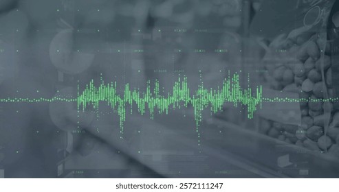 Image of data processing and diagrams over stones. Global technology and digital interface concept digitally generated image.