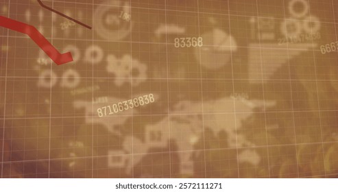 Image of data processing and diagrams over world map. Global technology and digital interface concept digitally generated image.