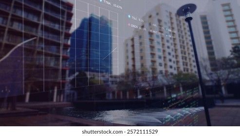 Image of data processing and diagrams over cityscape. Global technology and digital interface concept digitally generated image.