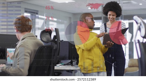 Image of data processing and diagrams over diverse colleagues discussing work. Business, technology and digital interface concept digitally generated image.