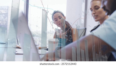 Image of data processing and diagrams over diverse colleagues discussing work. Business, technology and digital interface concept digitally generated image.