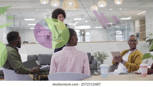 Image of data processing and diagrams over diverse colleagues discussing work. Business, technology and digital interface concept digitally generated image.