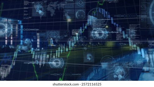 Image of data processing and diagrams over cityscape. Global business and digital interface concept digitally generated image.