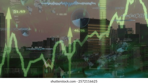 Image of data processing and diagrams over cityscape. Global business and digital interface concept digitally generated image.