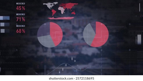 Image of data processing and diagrams over cityscape and world map. Global business and digital interface concept digitally generated image.