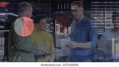 Image of data processing and diagrams over diverse colleagues discussing work in office. Global business and digital interface concept digitally generated image.