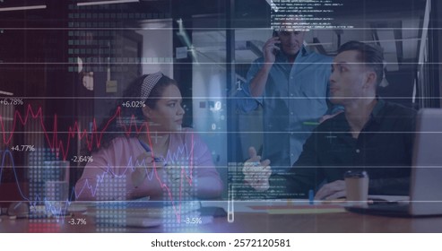 Image of data processing and diagrams over diverse colleagues discussing work in office. Global business and digital interface concept digitally generated image.