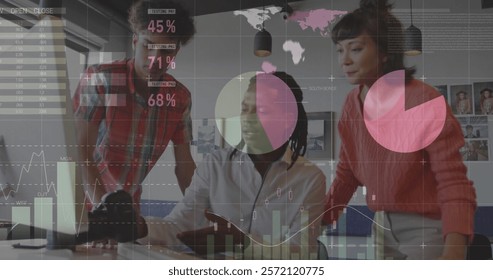 Image of data processing and diagrams over diverse colleagues discussing work in office. Global business and digital interface concept digitally generated image.