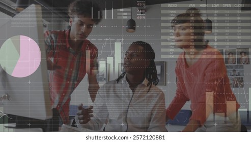 Image of data processing and diagrams over diverse colleagues discussing work in office. Global business and digital interface concept digitally generated image.
