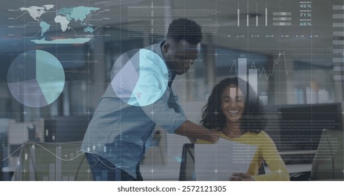 Image of data processing and diagrams over diverse colleagues discussing work in office. Global business and digital interface concept digitally generated image.
