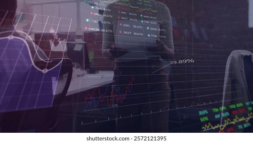 Image of data processing and diagrams over diverse colleagues discussing work in office. Global business and digital interface concept digitally generated image.