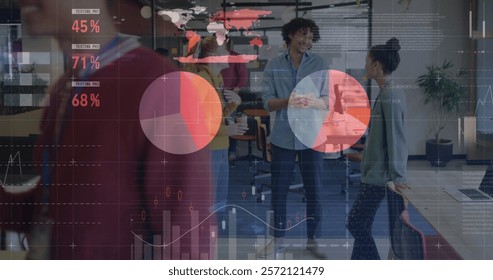 Image of data processing and diagrams over diverse colleagues discussing work in office. Global business and digital interface concept digitally generated image.