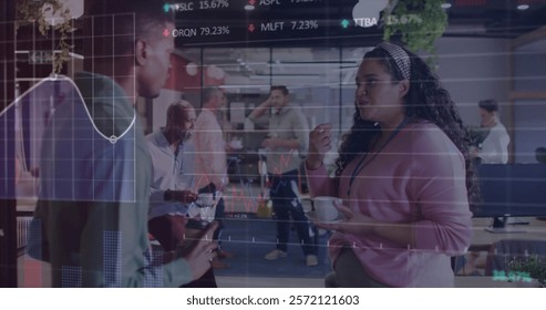Image of data processing and diagrams over diverse colleagues discussing work in office. Global business and digital interface concept digitally generated image.
