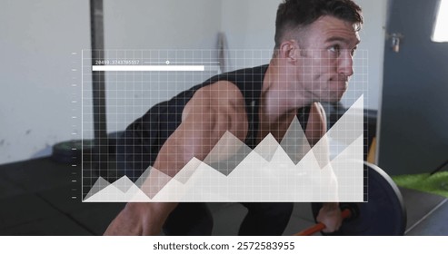 Image of data processing and diagrams over caucasian man lifting weight bar at gym. Global sport and digital interface concept digitally generated image.