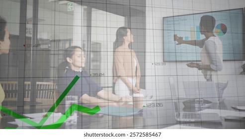 Image of data processing and diagrams over diverse colleagues discussing work. Global business, teamwork and digital interface concept digitally generated image.