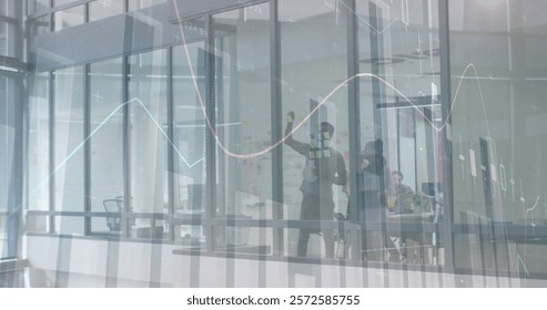 Image of data processing and diagrams over diverse colleagues discussing work. Global business, teamwork and digital interface concept digitally generated image.