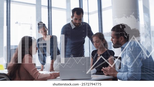 Image of data processing and diagrams over diverse colleagues discussing work in office. Technology, business and digital interface concept digitally generated image.