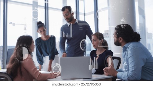 Image of data processing and diagrams over diverse colleagues discussing work in office. Technology, business and digital interface concept digitally generated image.