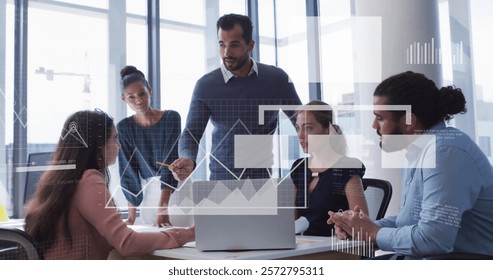 Image of data processing and diagrams over diverse colleagues discussing work in office. Technology, business and digital interface concept digitally generated image.