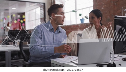 Image of data processing and diagrams over diverse colleagues discussing work in office. Technology, business and digital interface concept digitally generated image.